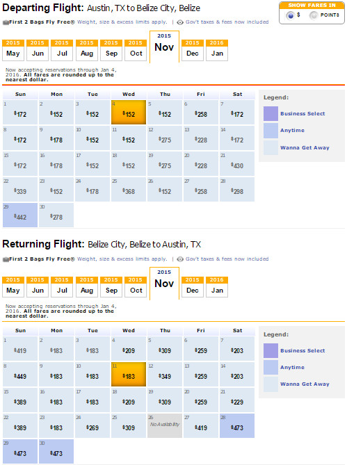 Flight Availability: Austin to Belize as of 4:49 PM on 5/15/15.