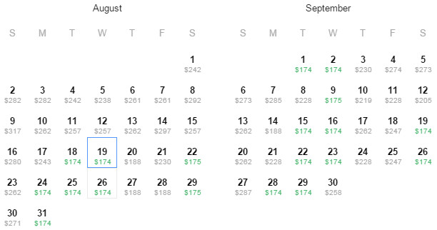 Flight Availability: Austin to Washington, DC as of 11:16 AM on 7/17/15.